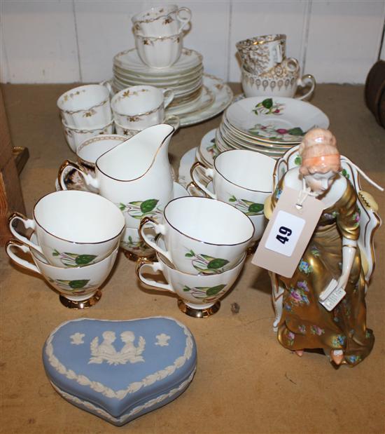 Dresden porcelain figure, Wedgwood box and teaware, cup damaged